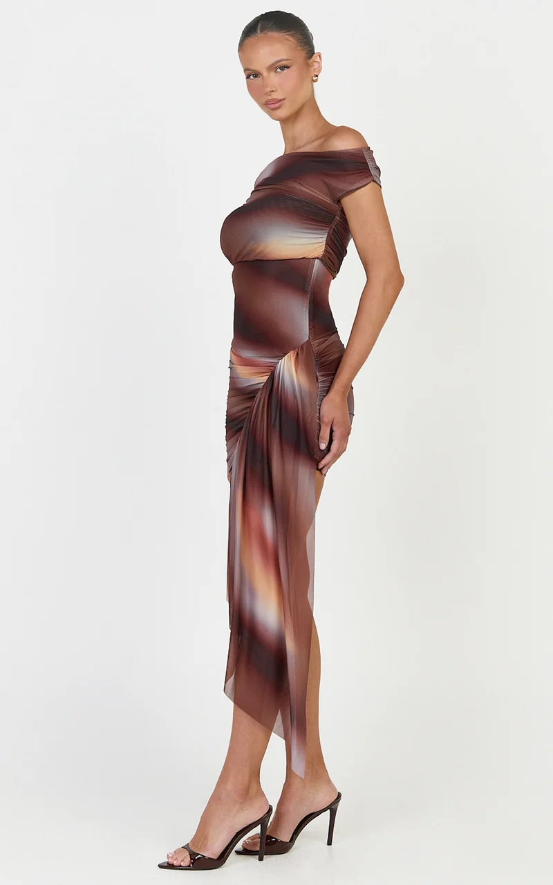 Lucienne Mini Dress - Asymmetric Off Shoulder Gathered Draped Sash Dress in Aurora Print