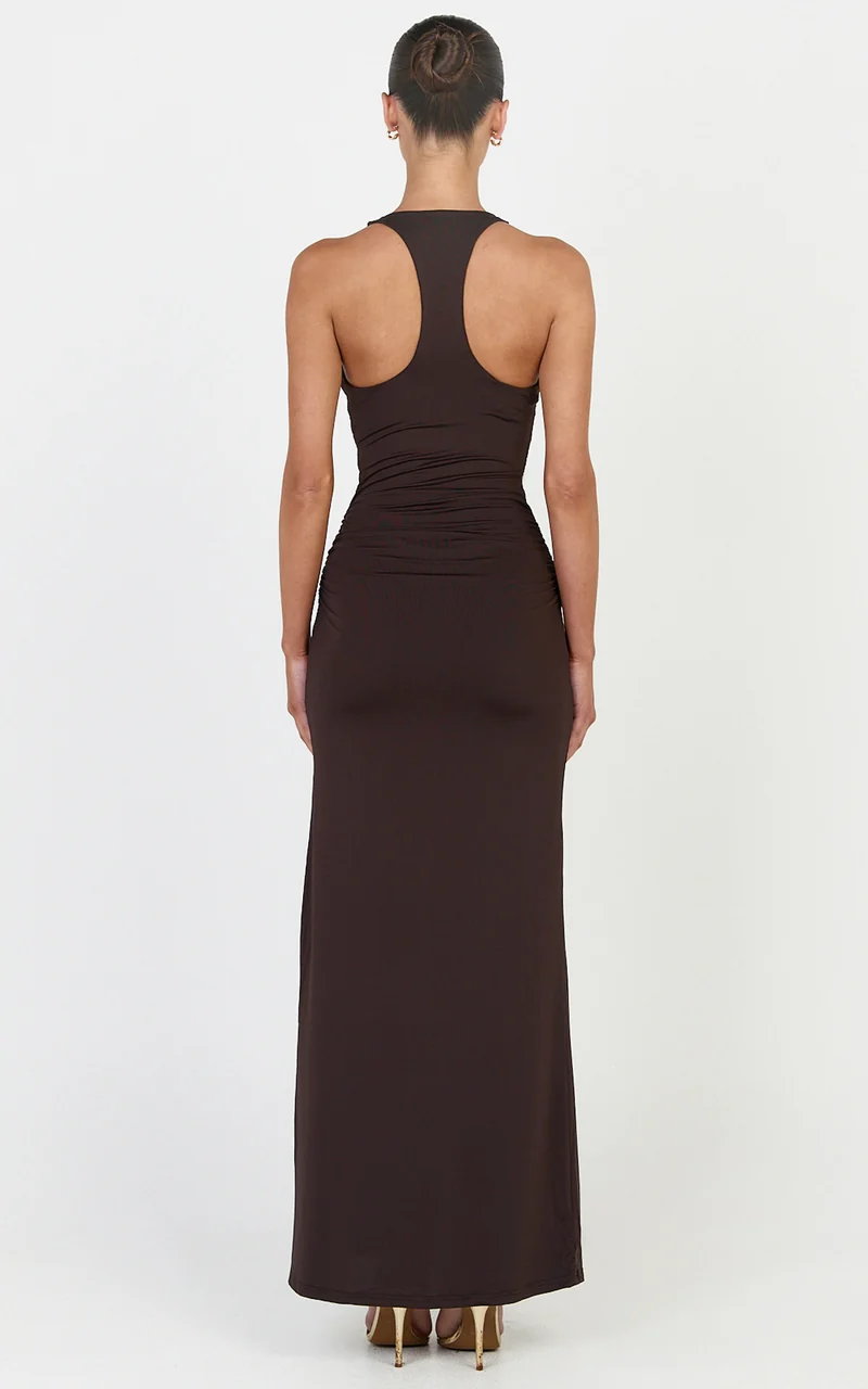 Sophie Maxi Dress - Plunge Neckline Ruched Waist Racer Back Dress in Chocolate