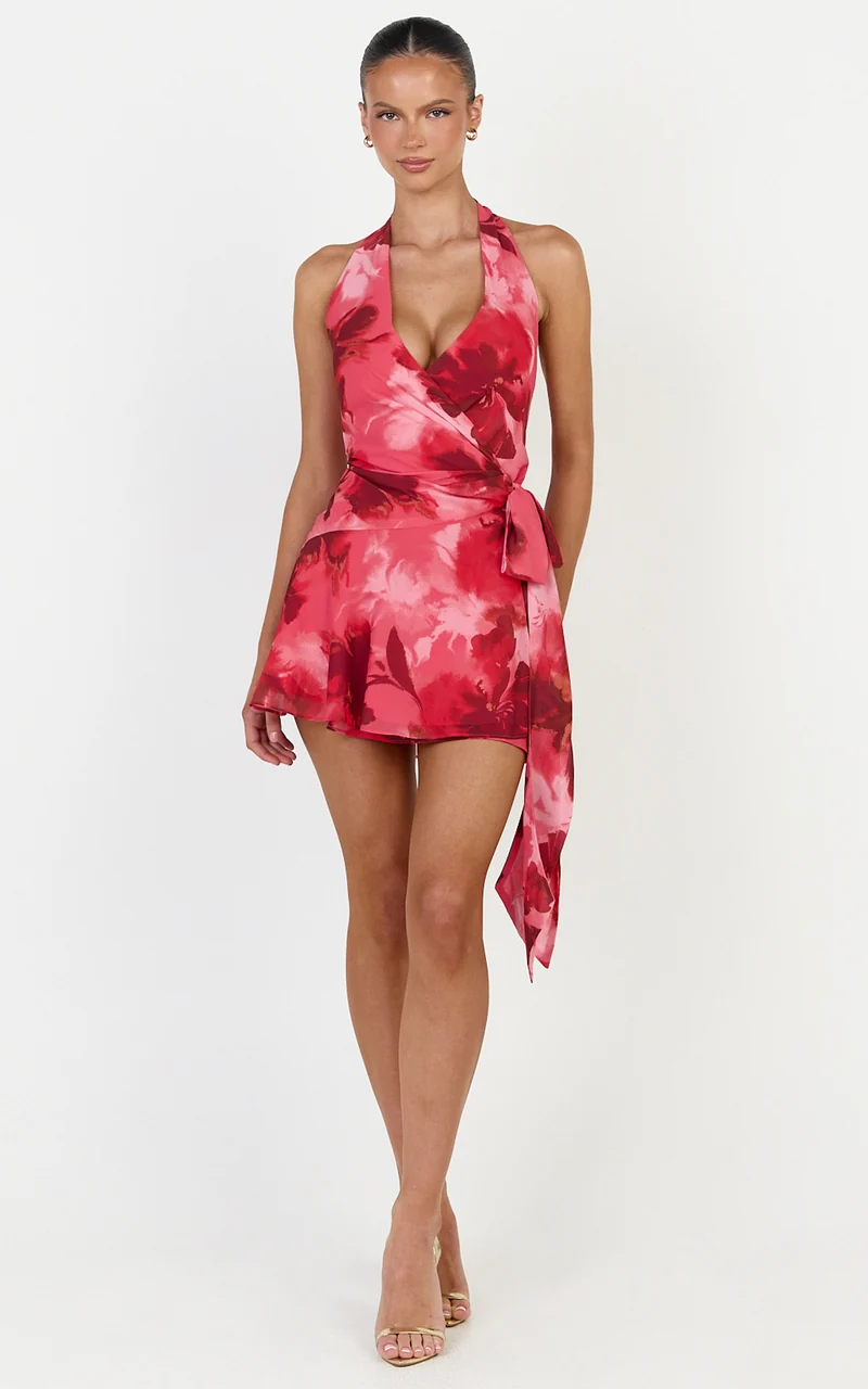 Maila Mini Dress - Wrap Tie Front Halter Neck Dress in Maila Red Floral Print