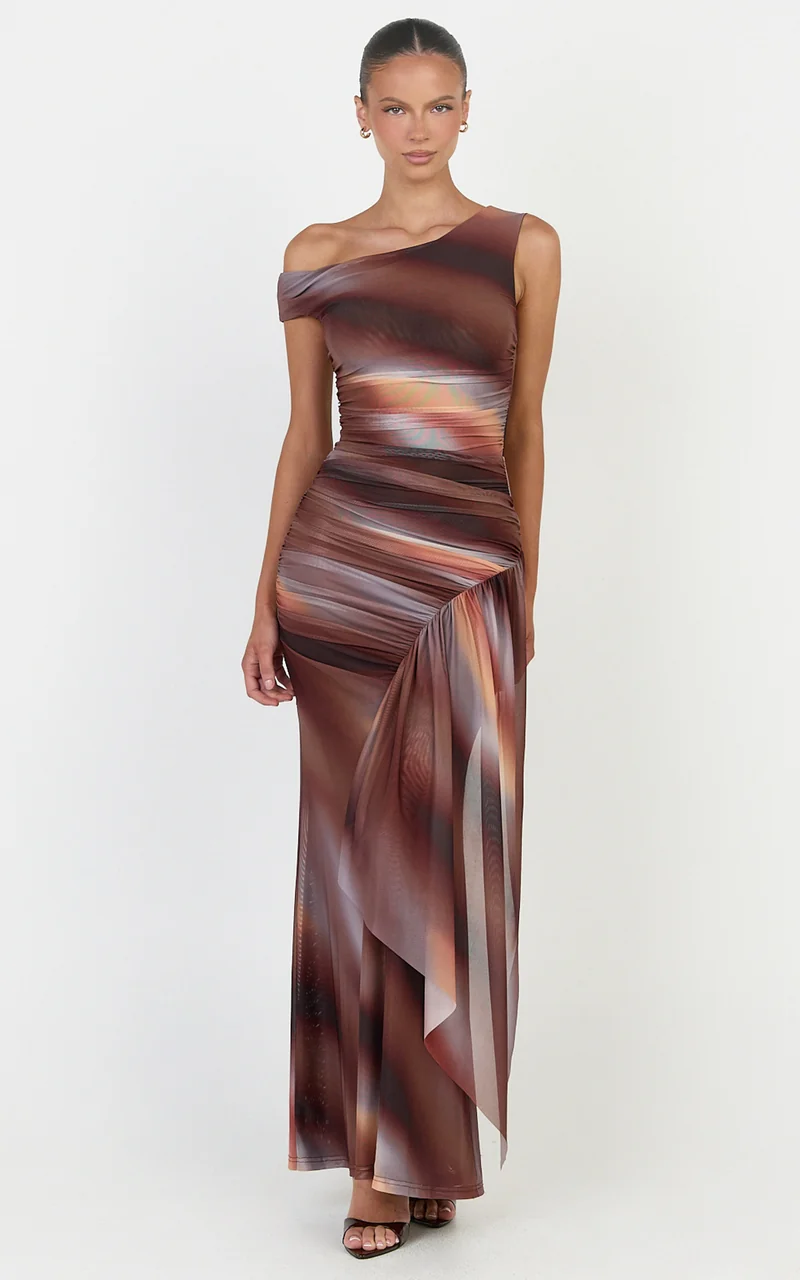 Lucienne Maxi Dress - Asymmetric Neckline Gathered Draped Sash Dress in Aurora Print