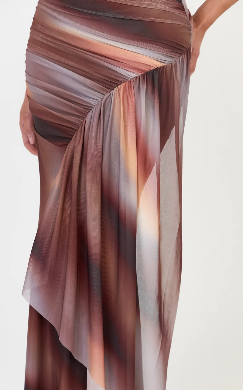 Lucienne Maxi Dress - Asymmetric Neckline Gathered Draped Sash Dress in Aurora Print