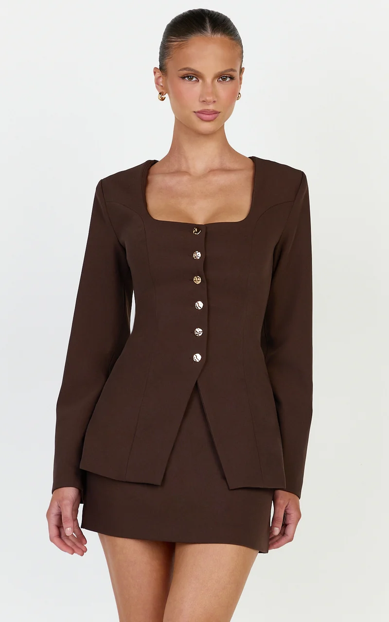Rae Two Piece Set - Long Sleeve Button Down Tailored Top and Mini Skirt Set in Chocolate