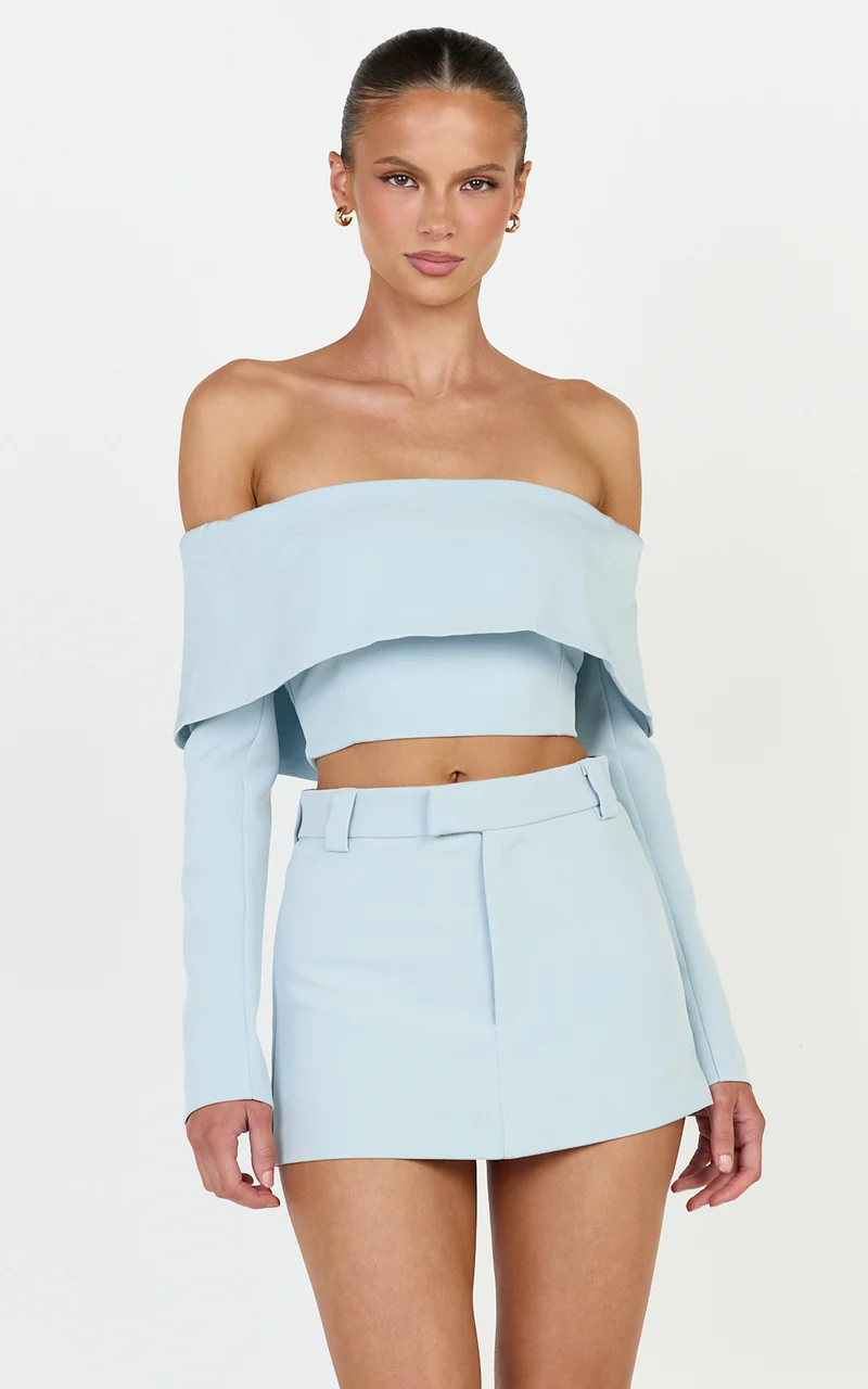 Ursula Top - Long Sleeve Off Shoulder Cropped Top in Baby Blue