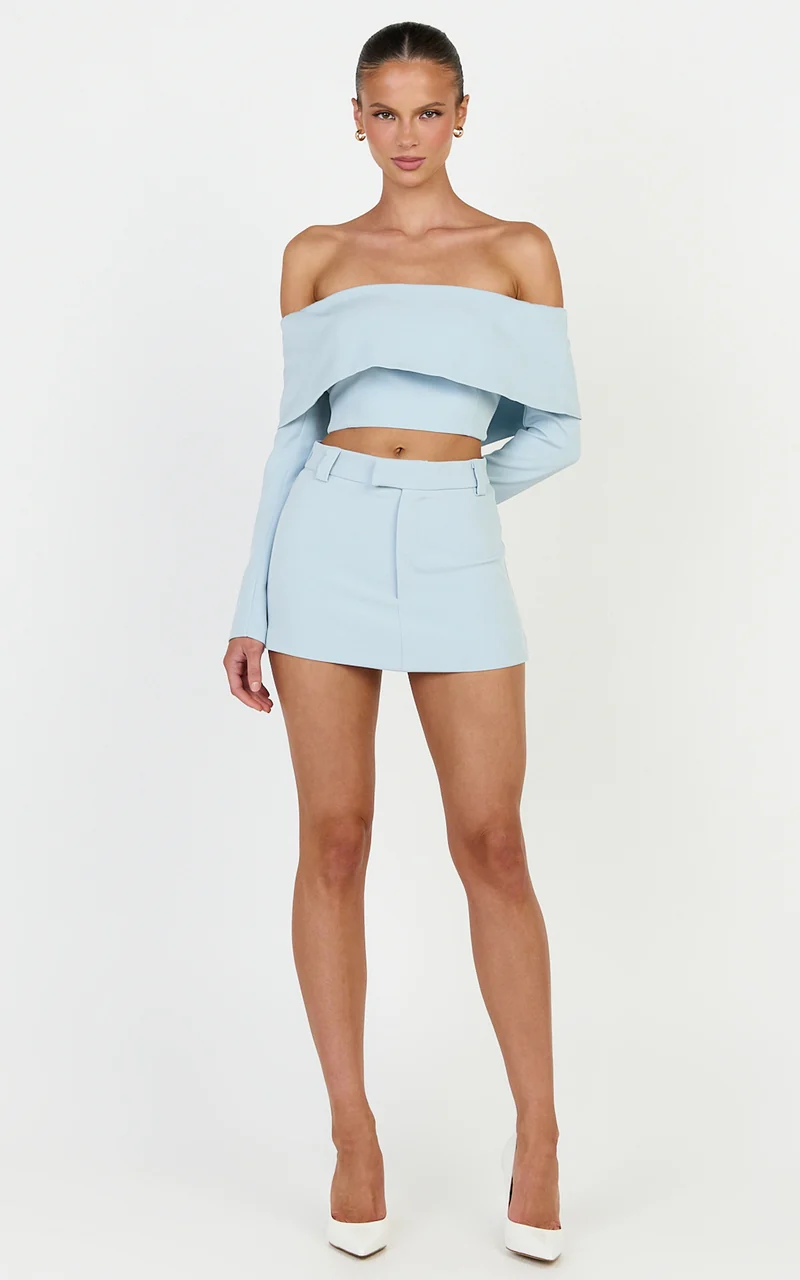 Ursula Top - Long Sleeve Off Shoulder Cropped Top in Baby Blue