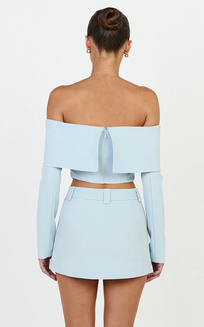 Ursula Top - Long Sleeve Off Shoulder Cropped Top in Baby Blue