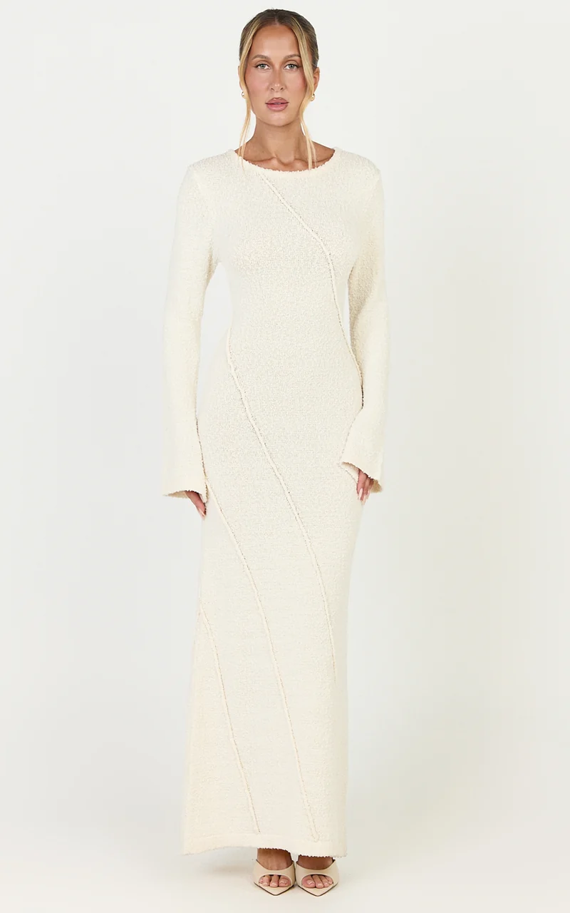 Delilah Maxi Dress - Long Sleeve Seam Detail Boucle Knit Dress in Cream
