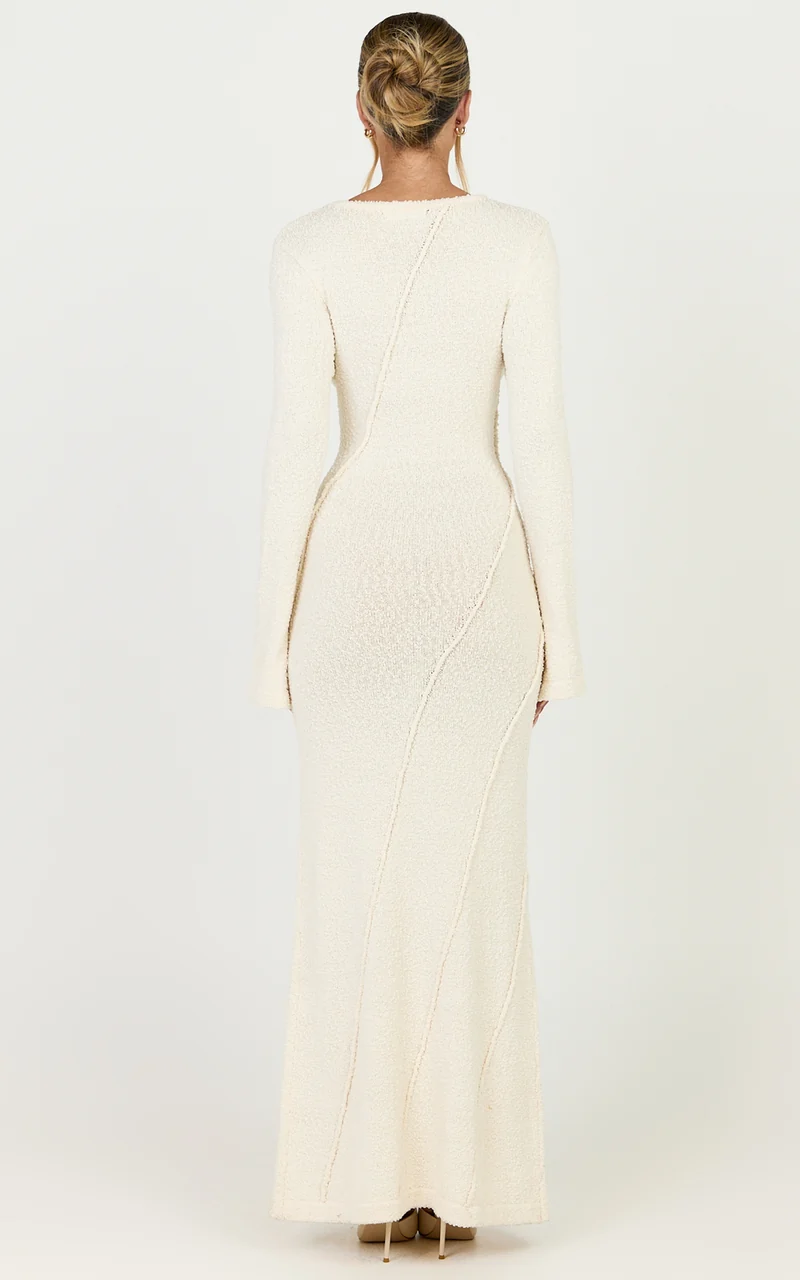 Delilah Maxi Dress - Long Sleeve Seam Detail Boucle Knit Dress in Cream