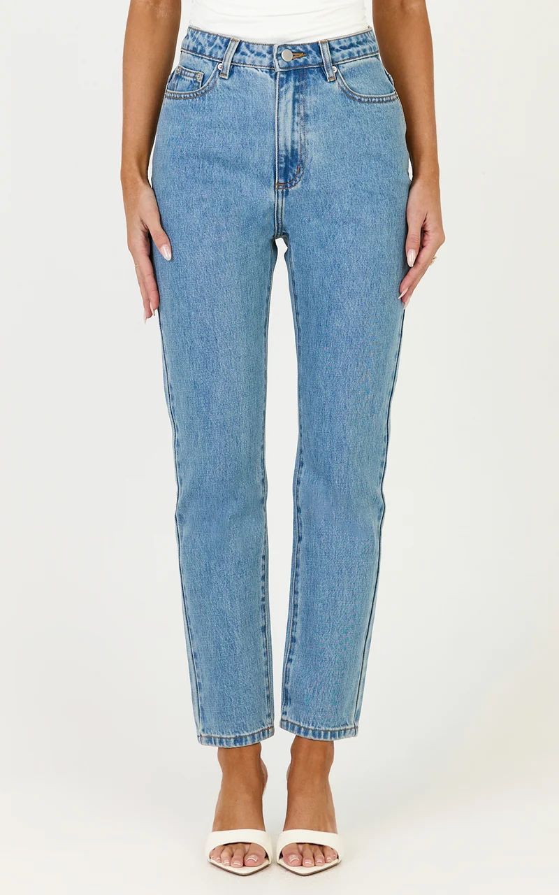 Billie Jeans - High Waisted Recycled Cotton Mom Denim Jeans in Light Mid Blue