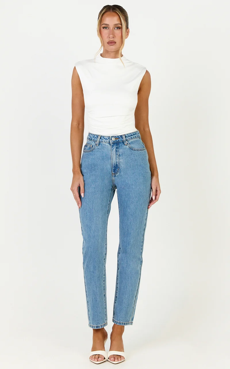 Billie Jeans - High Waisted Recycled Cotton Mom Denim Jeans in Light Mid Blue