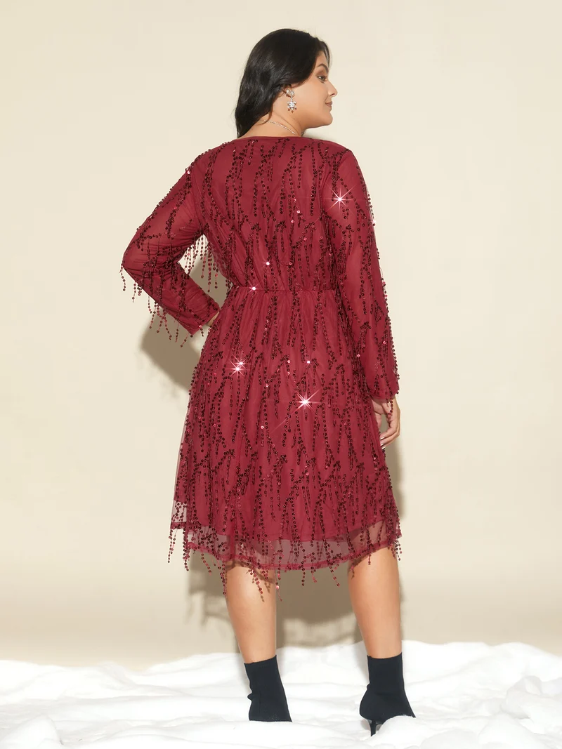 Sequin Fringe Detailing Elastic Waist Midi Dress