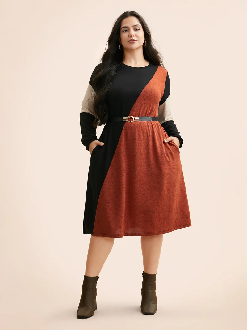 Contrast Patchwork Lantern Sleeve Dress