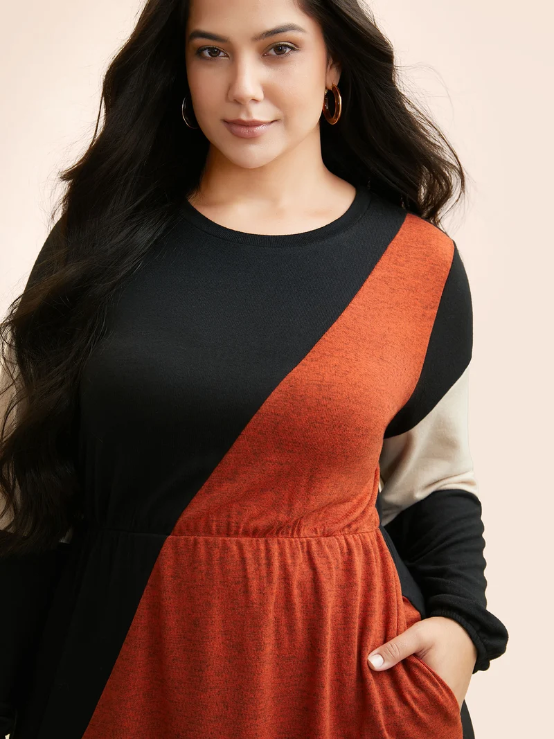 Contrast Patchwork Lantern Sleeve Dress