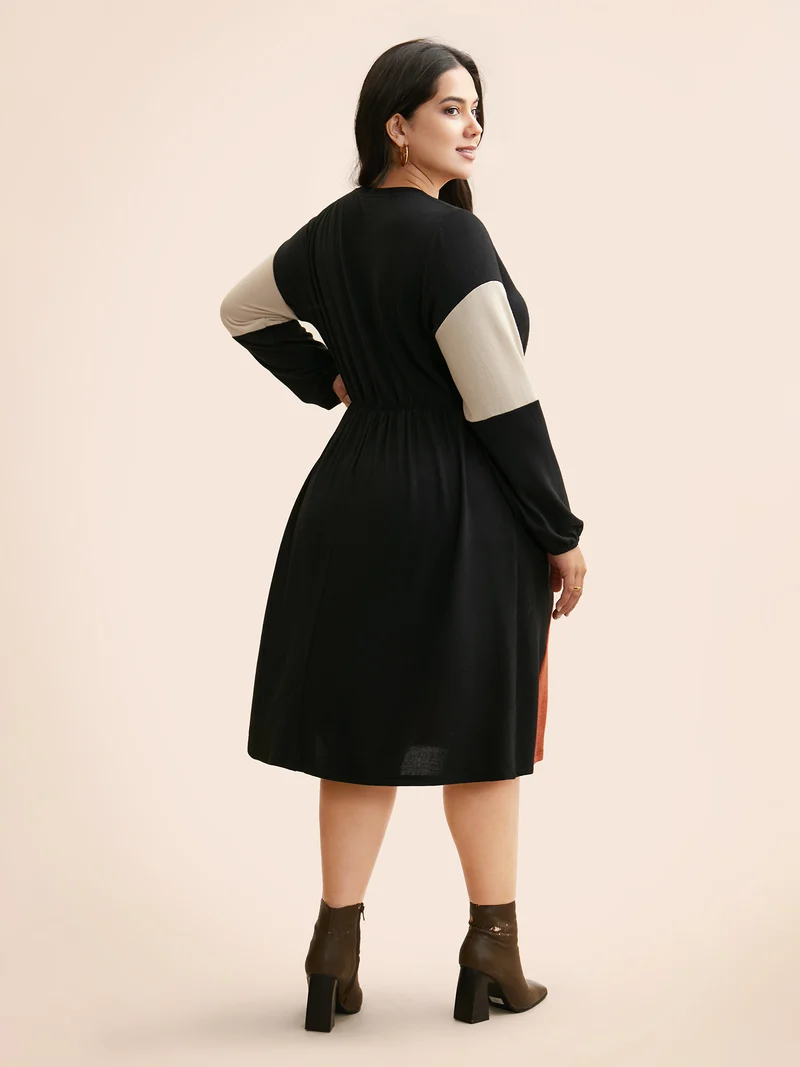 Contrast Patchwork Lantern Sleeve Dress