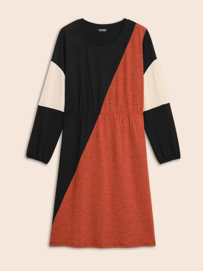 Contrast Patchwork Lantern Sleeve Dress
