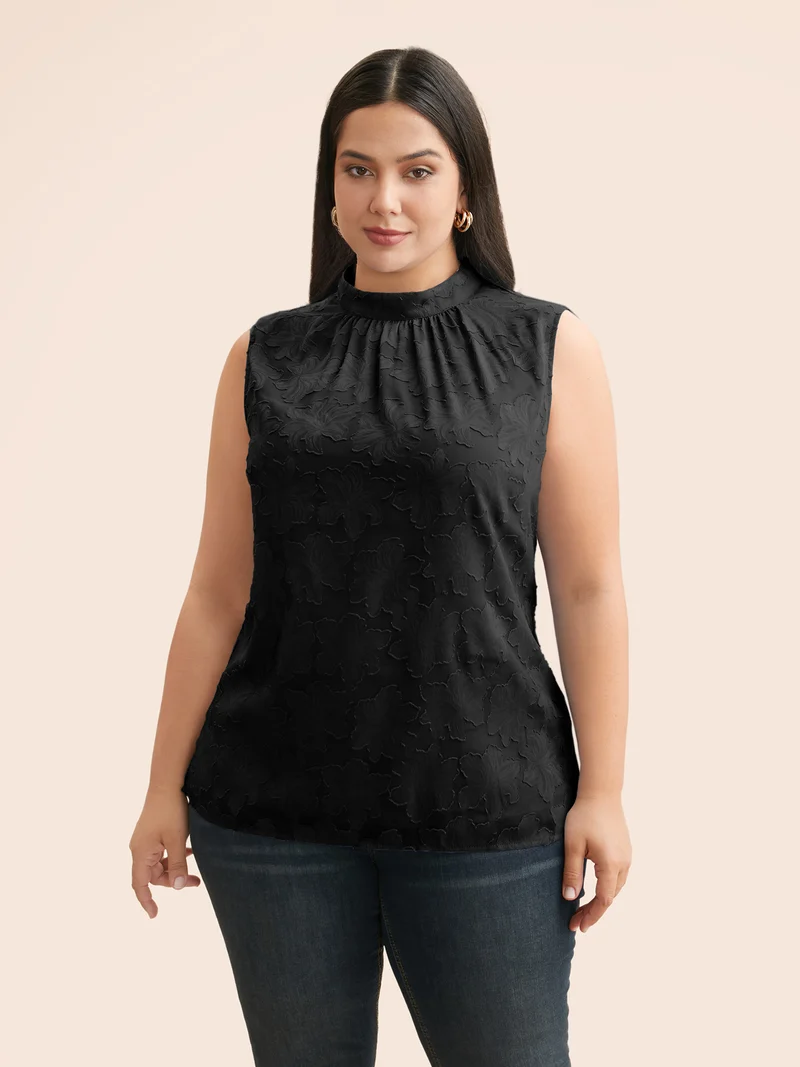 Textured Stand Collar Gathered Tank Top