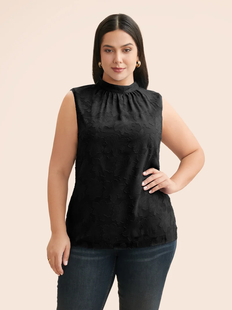 Textured Stand Collar Gathered Tank Top