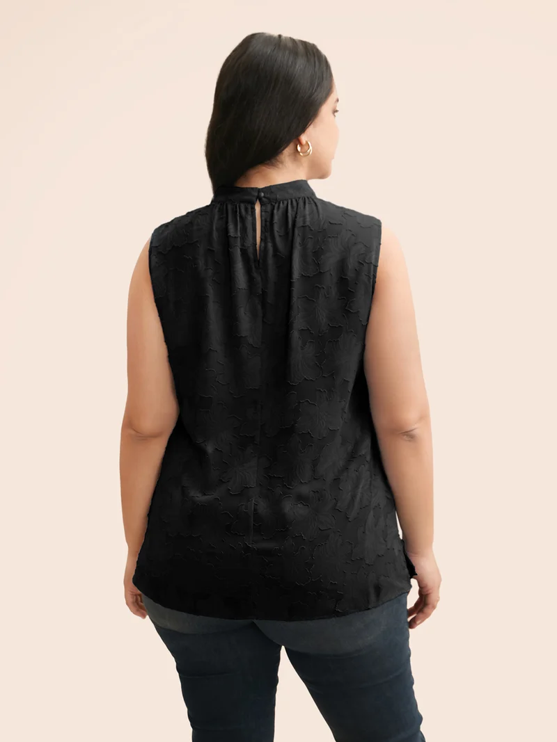 Textured Stand Collar Gathered Tank Top
