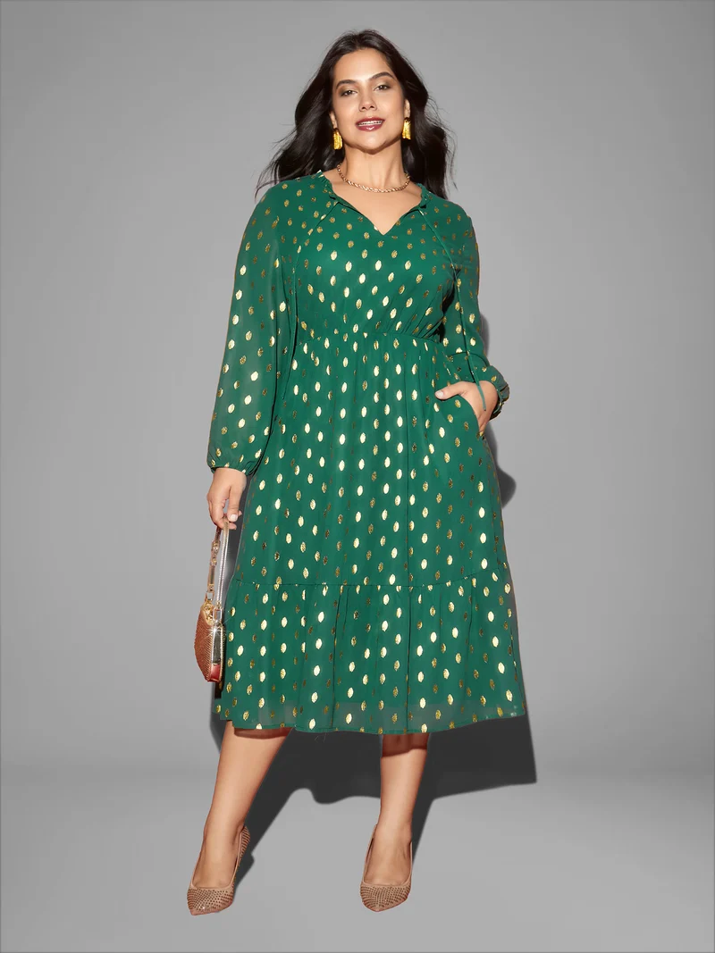 Glitter Notched Collar Tiered Hem Midi Dress