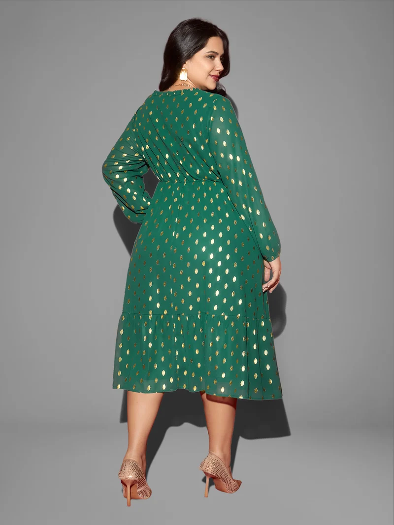 Glitter Notched Collar Tiered Hem Midi Dress