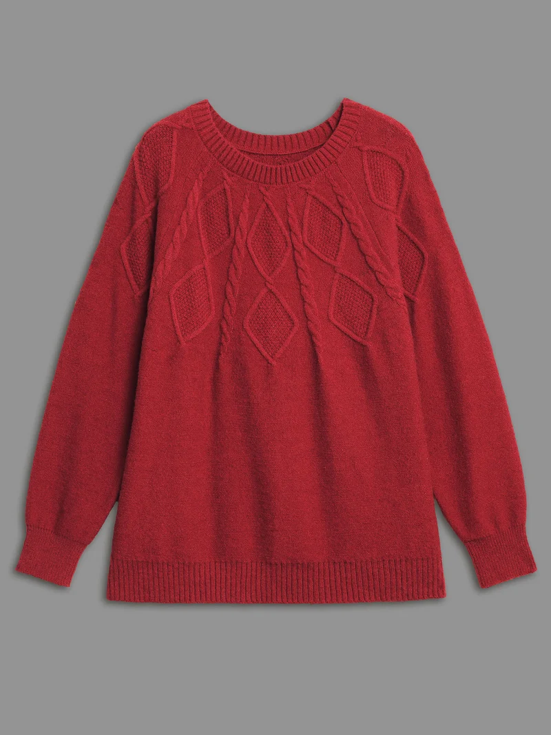 Cable Knit Bodice Crew-Neck Pullover