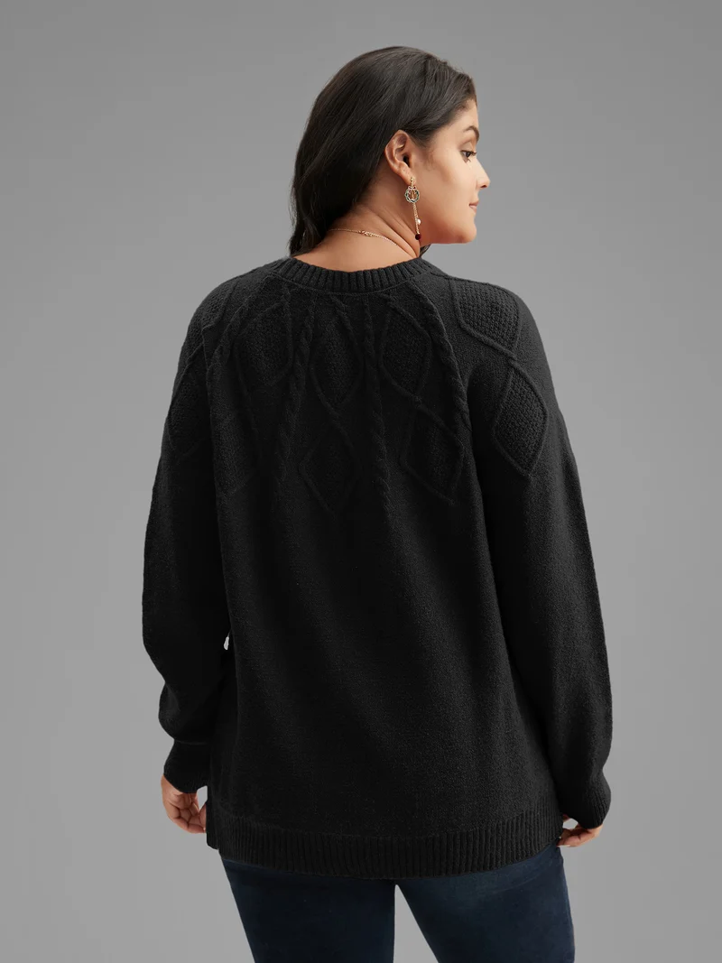 Cable Knit Bodice Crew-Neck Pullover