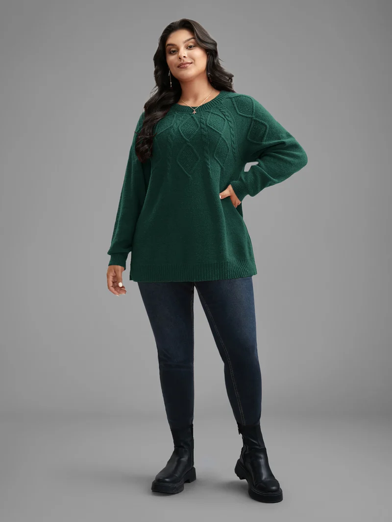 Cable Knit Bodice Crew-Neck Pullover