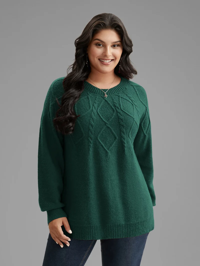 Cable Knit Bodice Crew-Neck Pullover