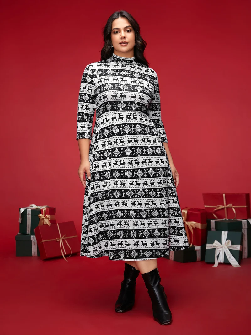 Festive Striped Mock Neck Midi Dress