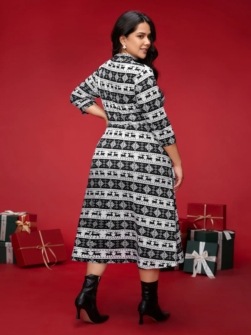 Festive Striped Mock Neck Midi Dress