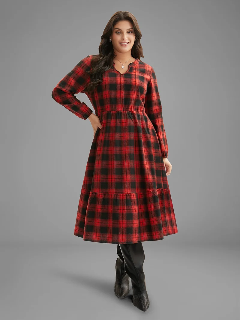 Plaid Notched Collar Elastic Waist Midi Dress