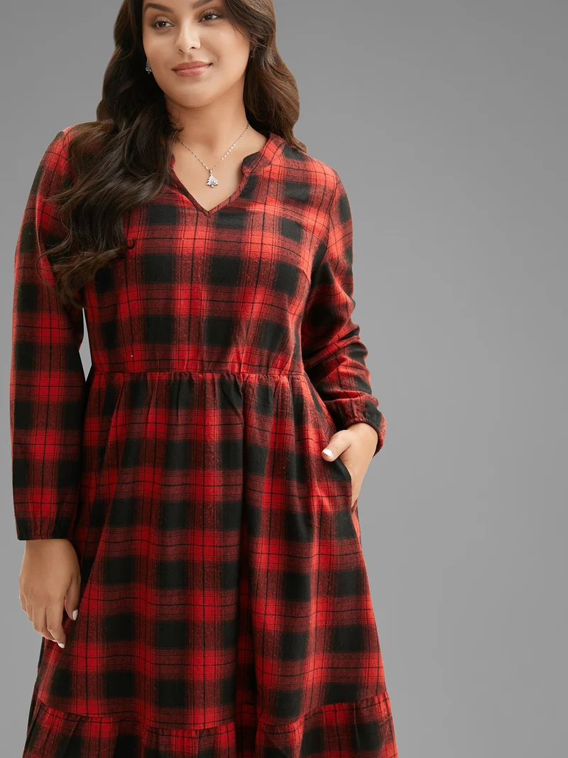 Plaid Notched Collar Elastic Waist Midi Dress