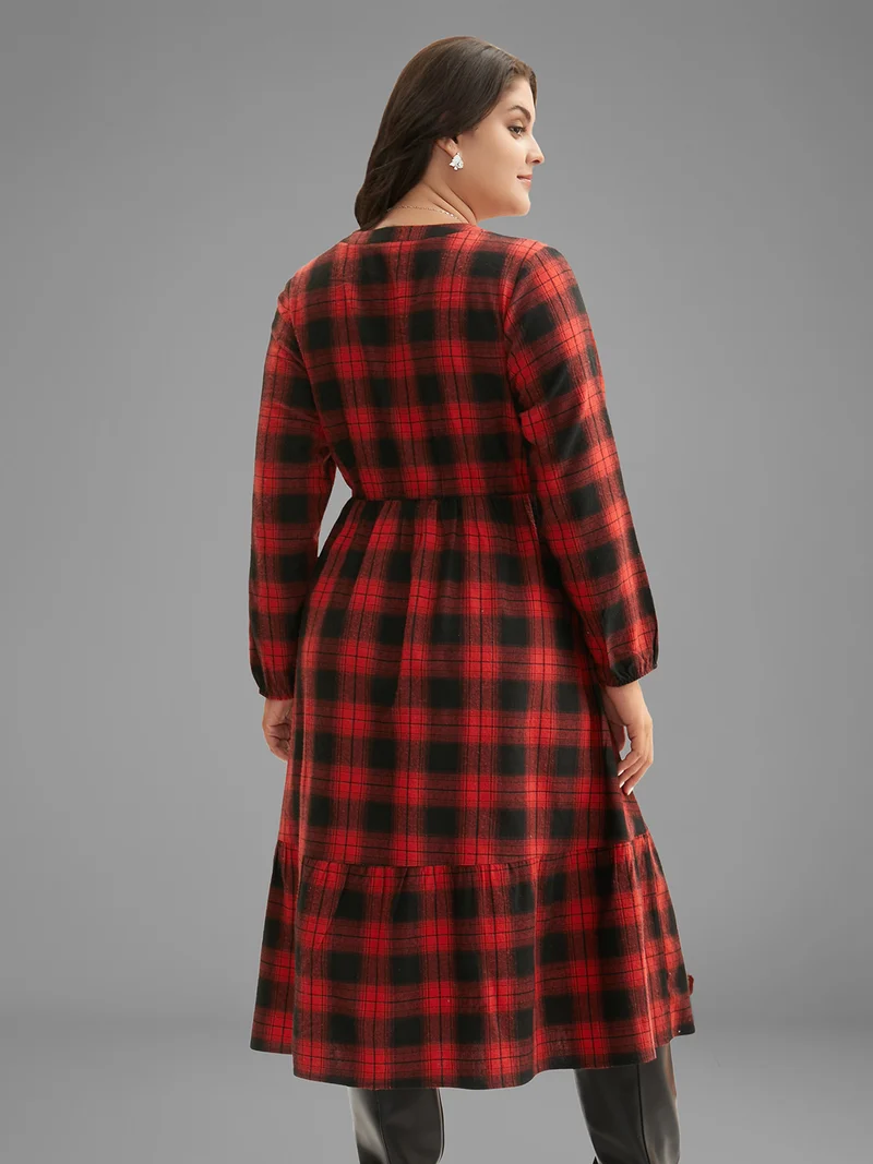 Plaid Notched Collar Elastic Waist Midi Dress