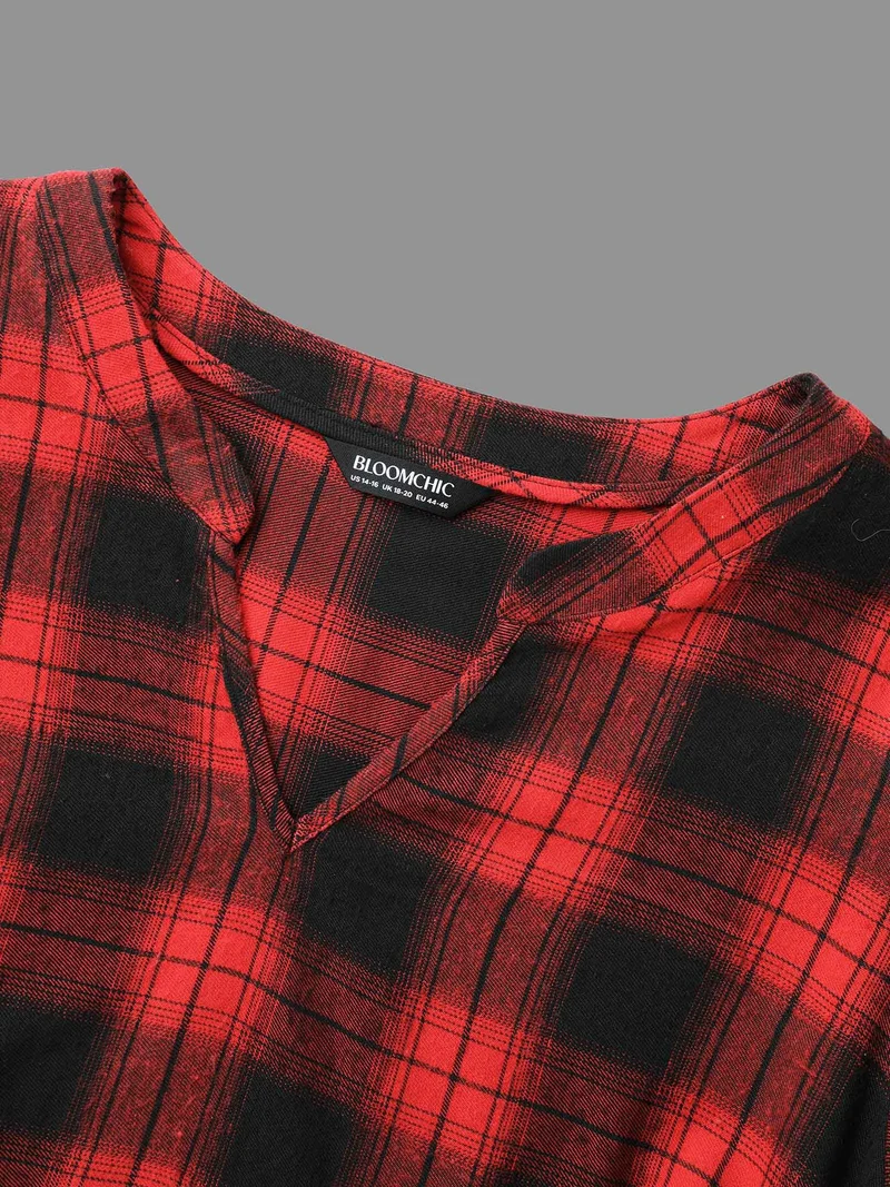 Plaid Notched Collar Elastic Waist Midi Dress