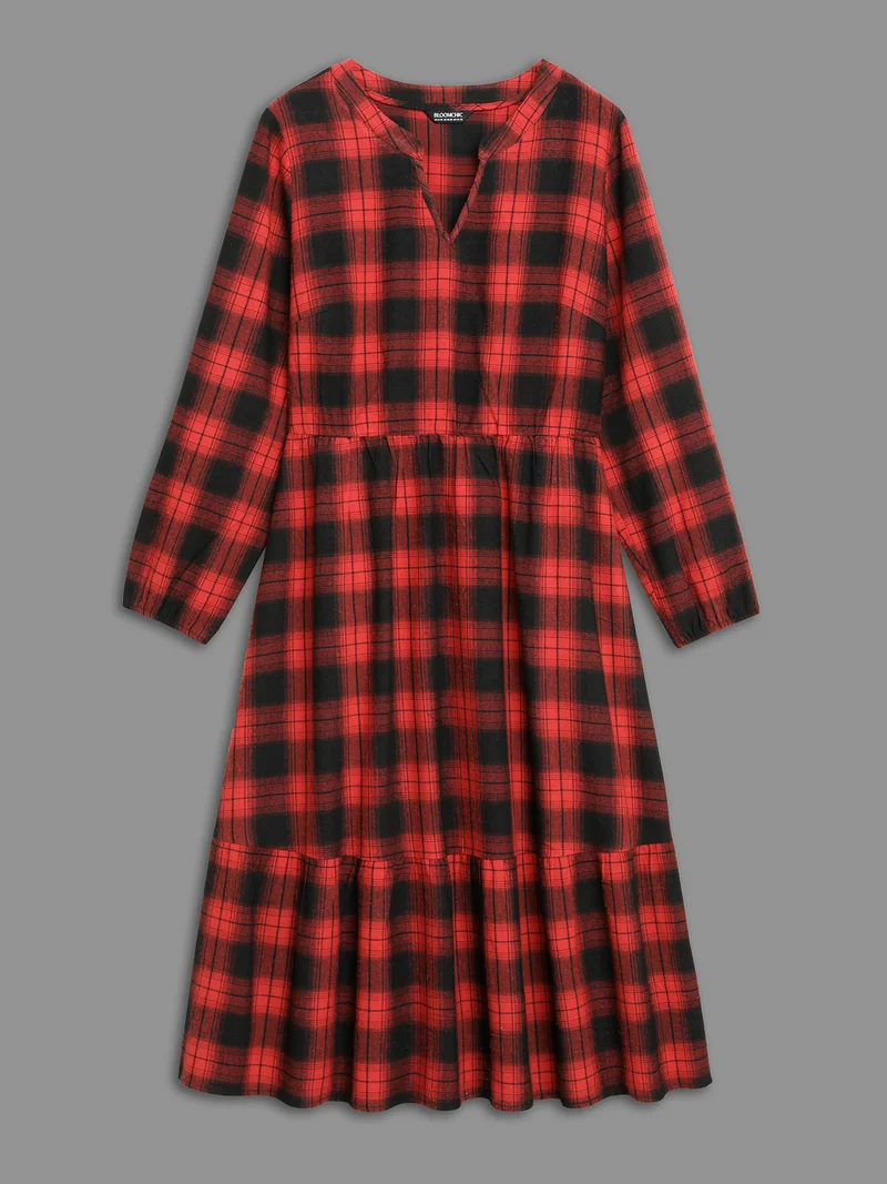 Plaid Notched Collar Elastic Waist Midi Dress