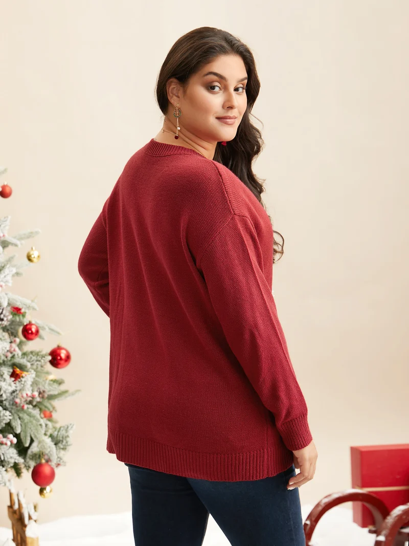 Fuzzy Reindeer Motif Crew-Neck Pullover