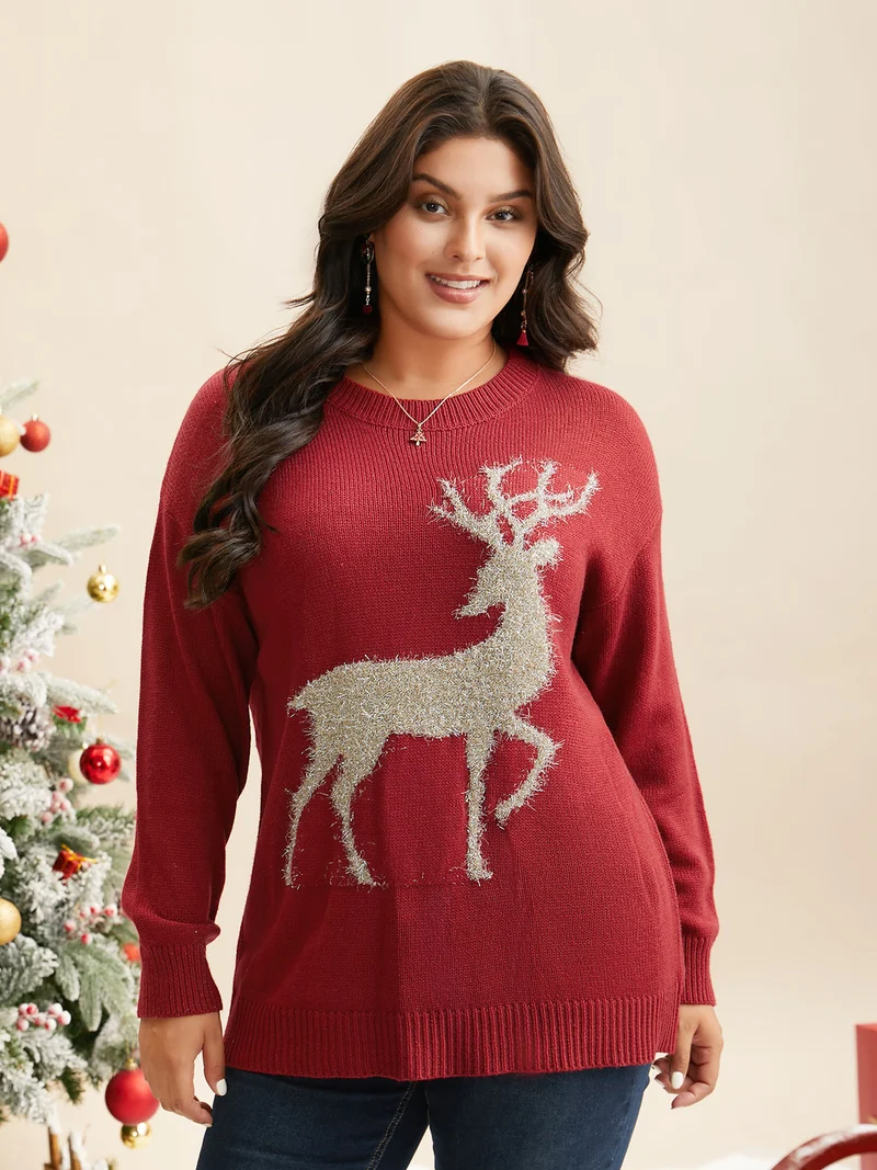 Fuzzy Reindeer Motif Crew-Neck Pullover