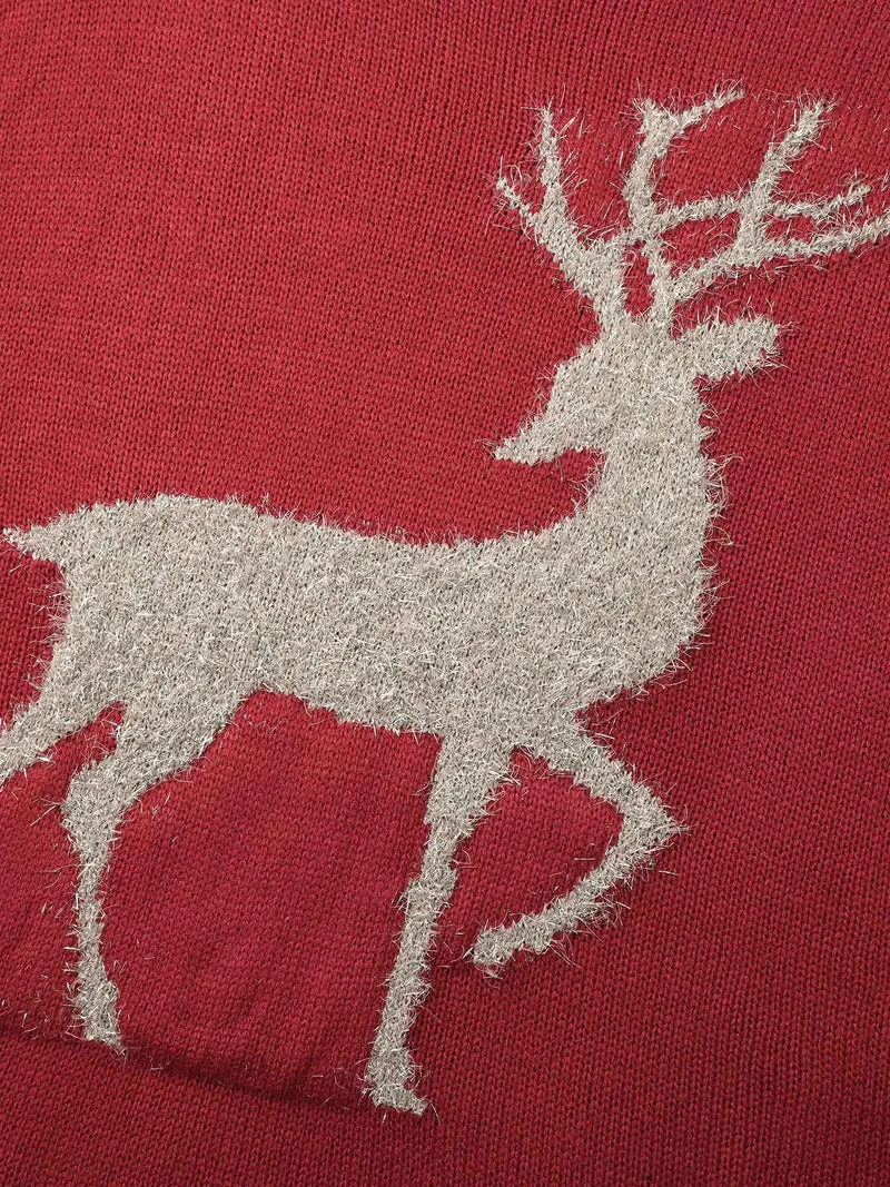 Fuzzy Reindeer Motif Crew-Neck Pullover