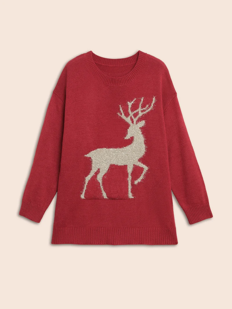 Fuzzy Reindeer Motif Crew-Neck Pullover
