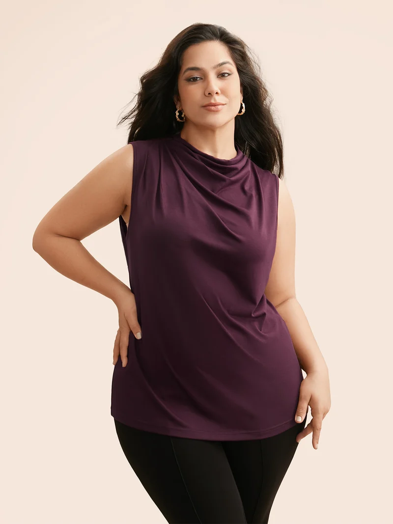 Solid Cowl Neck Pleated Tank Top