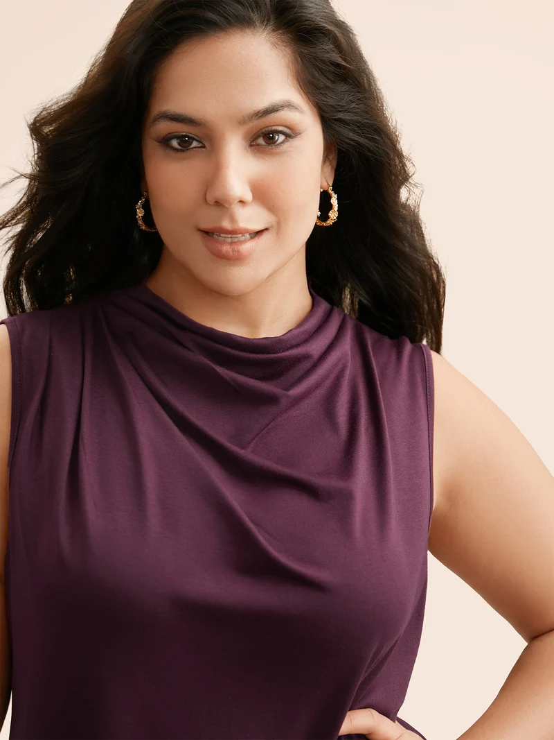 Solid Cowl Neck Pleated Tank Top
