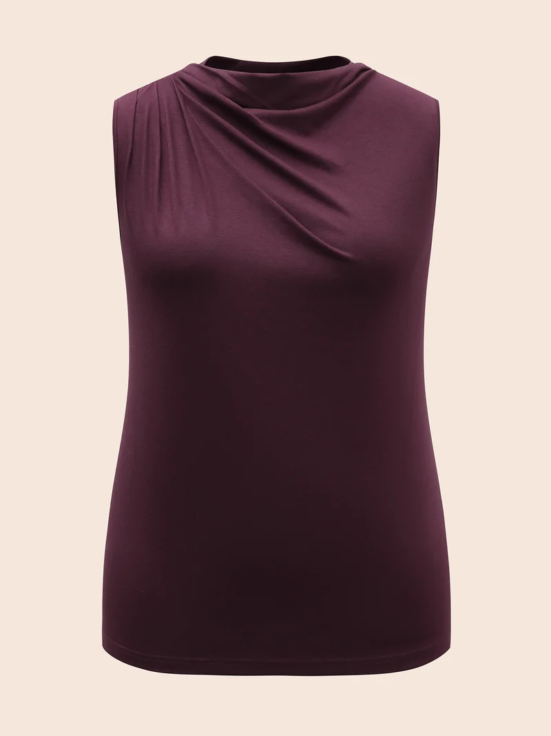 Solid Cowl Neck Pleated Tank Top