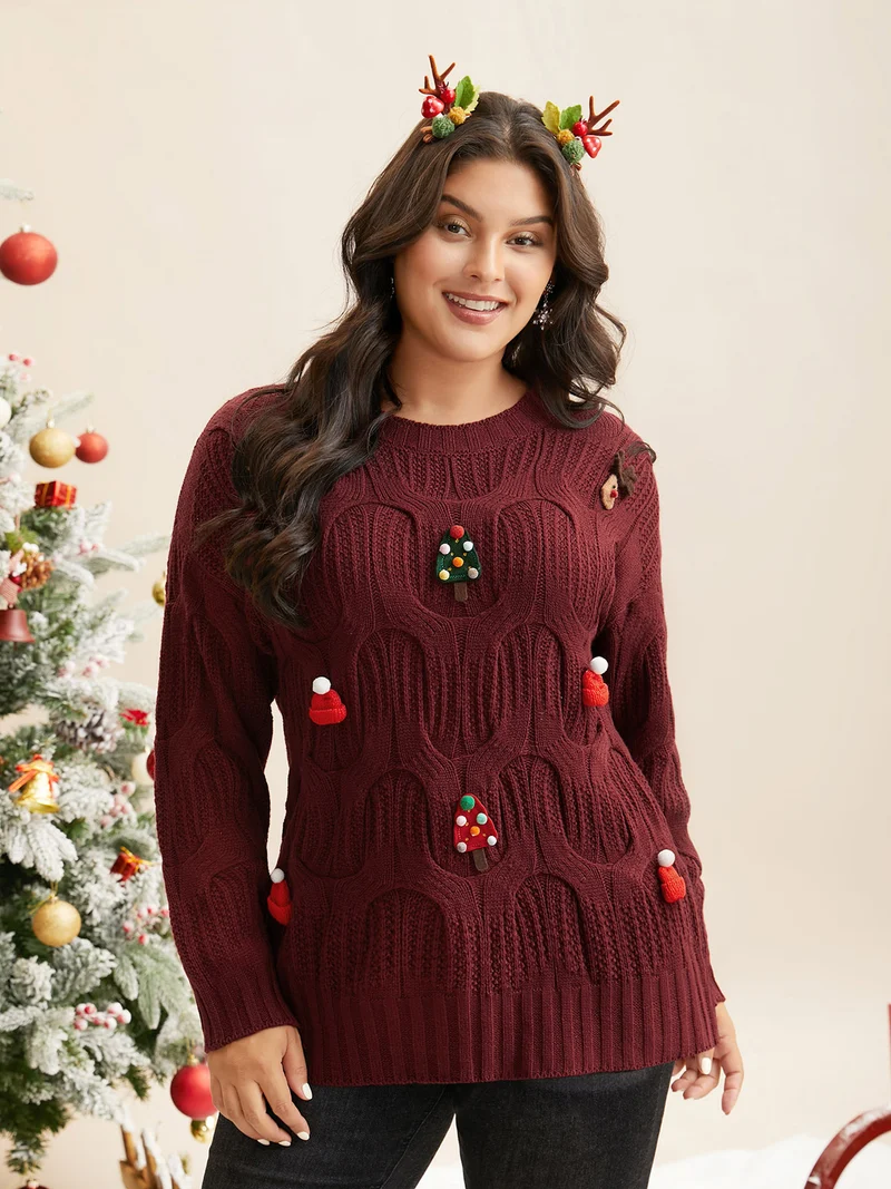 Tis The Season Motifs Cable Knit Pullover