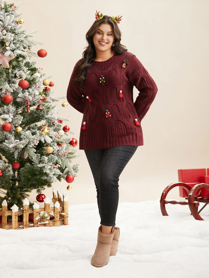 Tis The Season Motifs Cable Knit Pullover