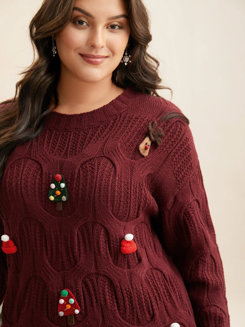 Tis The Season Motifs Cable Knit Pullover