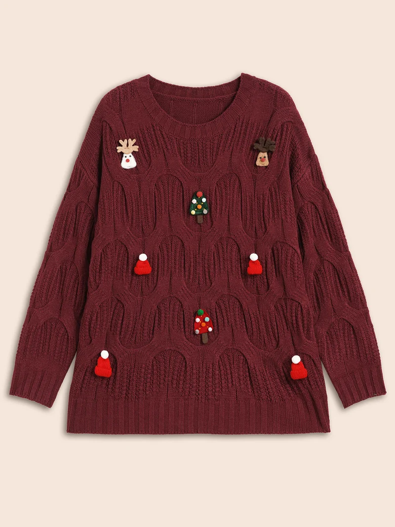 Tis The Season Motifs Cable Knit Pullover