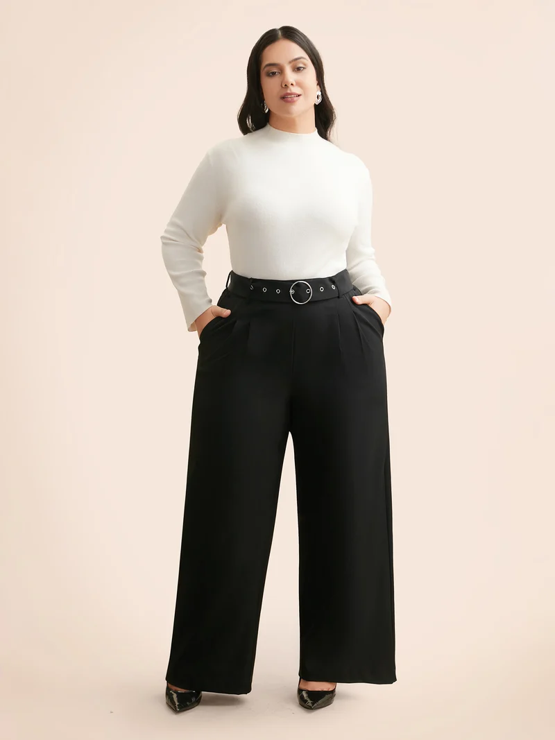Mid Rise Belted Wide Leg Pants