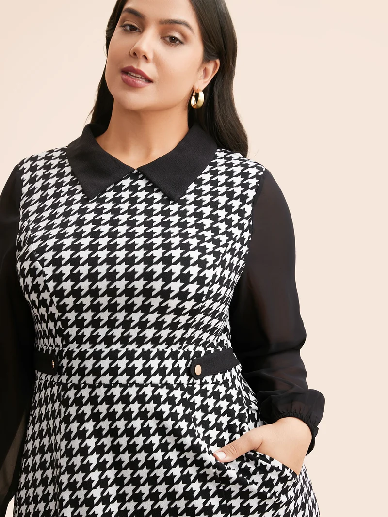 Houndstooth Contrast Patchwork Pocket Dress