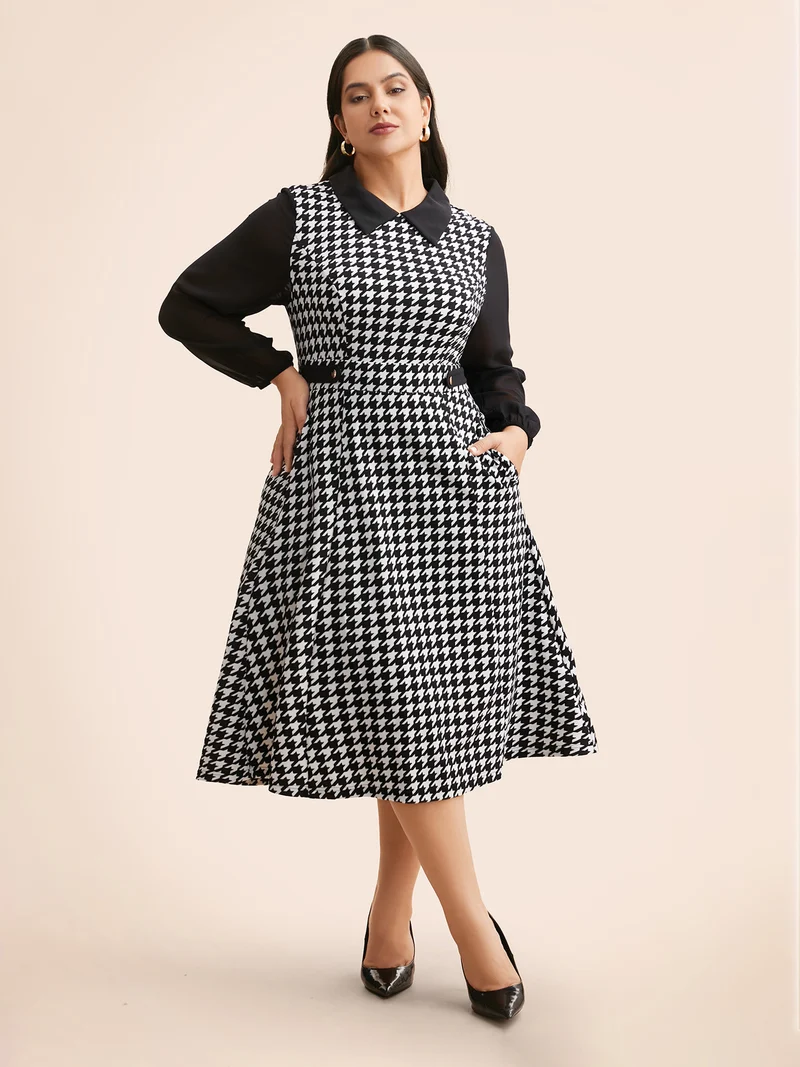 Houndstooth Contrast Patchwork Pocket Dress