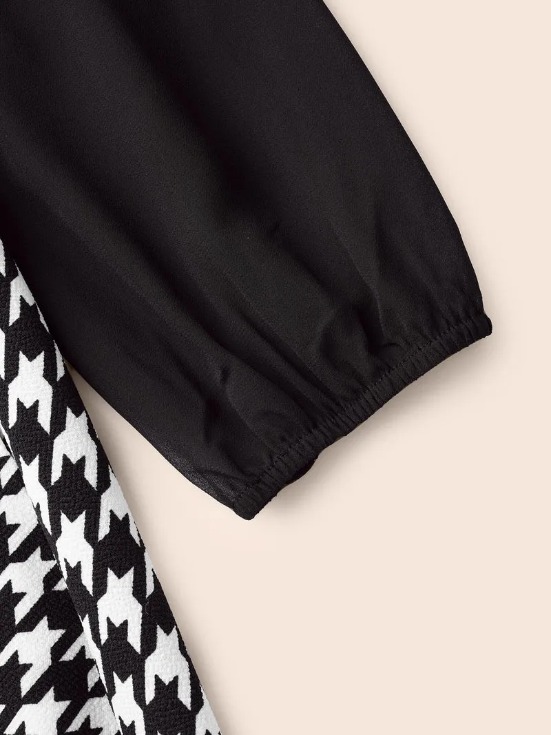 Houndstooth Contrast Patchwork Pocket Dress