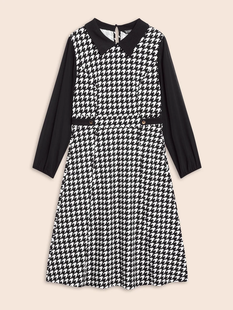 Houndstooth Contrast Patchwork Pocket Dress